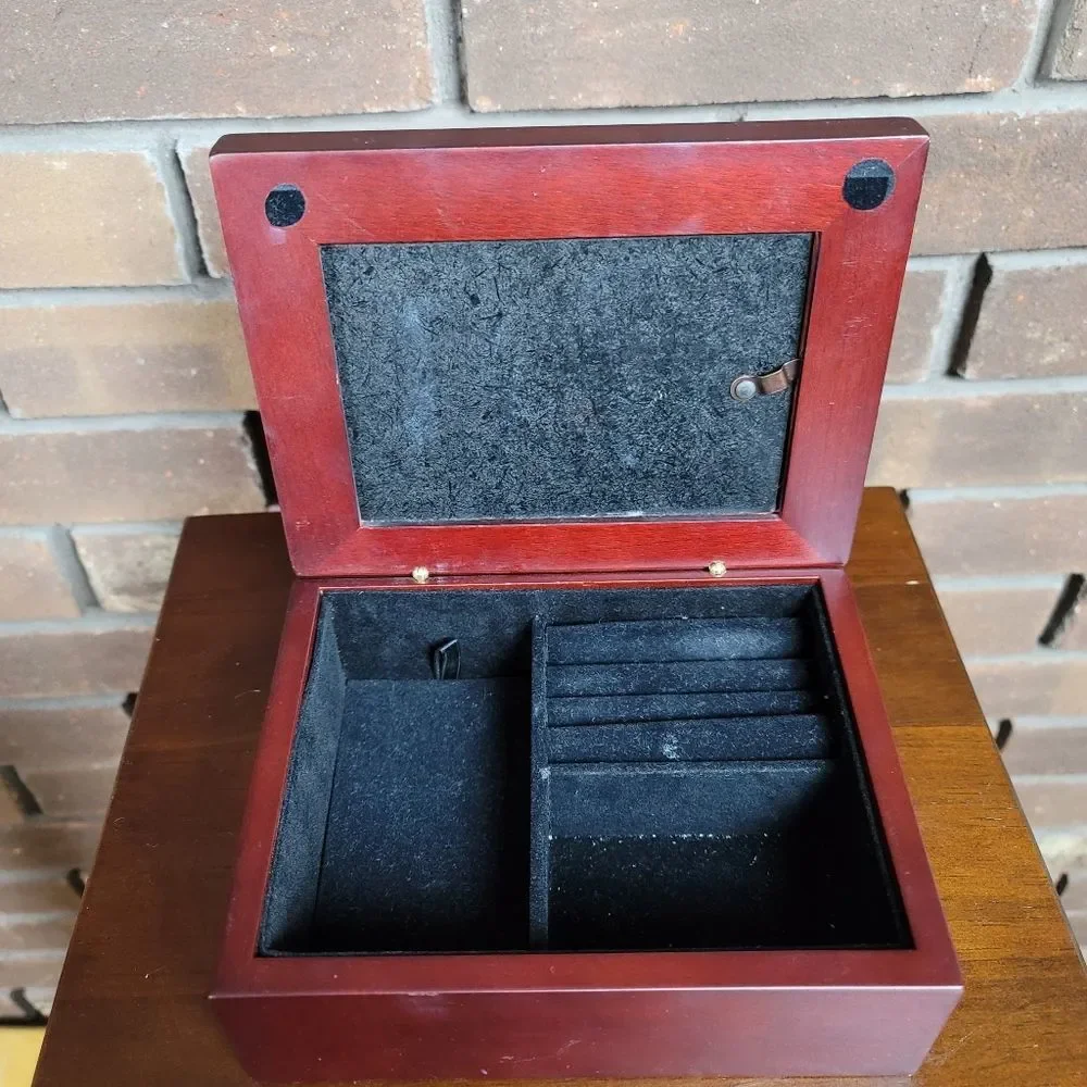 Cherry wood photo top jewelry box velvet felt interior jewelry storage